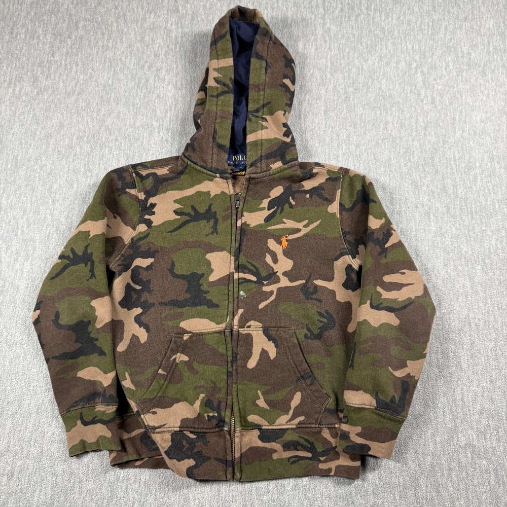 Polo Ralph Lauren Hoodie Boys Small 8 Green Camo Full Zip Fleece Sweatshirt Kids